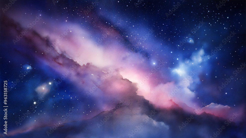 Fototapeta premium Watercolor galaxy painting, dreamy atmosphere, night sky, vibrant colors, copy space