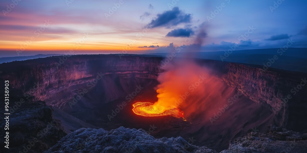 Fototapeta premium A volcano with a lava flow in the foreground and a sunset in the background. The lava flow is orange and the sky is pink and purple