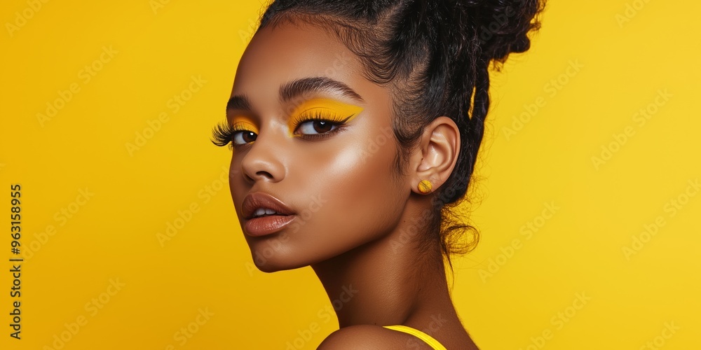 A woman with yellow eyeshadow and yellow eyeliner. She has a yellow tank top on
