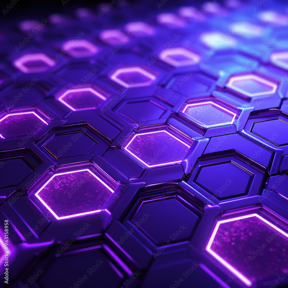 Purple hexagon background. Close-up a surface made up of hexagonal shapes, honeycomb pattern. Depth and three-dimensional. Geometric, modern, technological, structured and futuristic design. Purple hexagon background. Close-up a surface made up of hexagonal shapes, honeycomb pattern. Depth and three-dimensional. Geometric, modern, technological, structured and futuristic design.