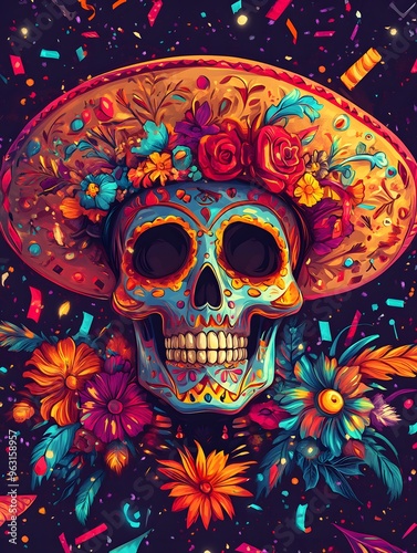 Skull in Sombrero Hat A skull wearing a bright sombrero hat, decorated with patterns and flowers, surrounded by festive confetti and lighthearted elements.