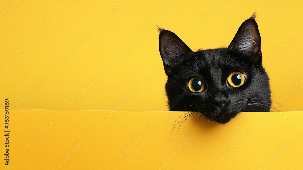 A black cat peeking on a yellow background. - banner with copy space. A black cat peeking on a yellow background. - banner with copy space.