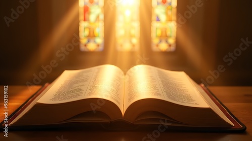  Majestic high-resolution photo of an open Bible on a wooden table with radiant light 