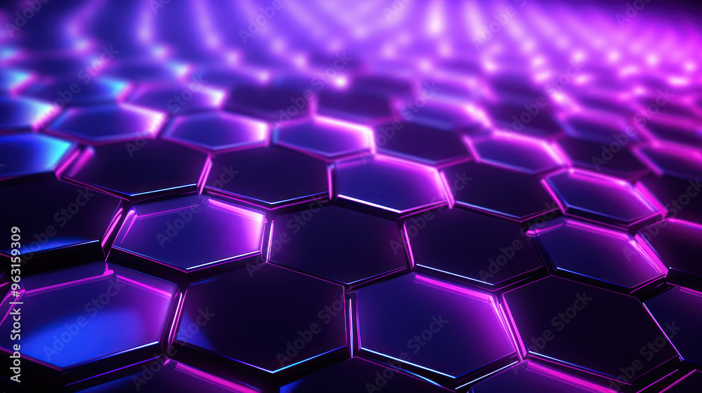 Purple hexagon background. Close-up a surface made up of hexagonal shapes, honeycomb pattern. Depth and three-dimensional. Geometric, modern, technological, structured and futuristic design. Purple hexagon background. Close-up a surface made up of hexagonal shapes, honeycomb pattern. Depth and three-dimensional. Geometric, modern, technological, structured and futuristic design.