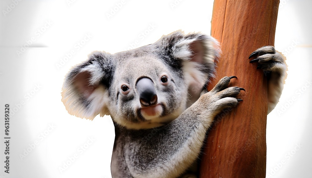 Fototapeta premium Design a clipping path for a jolly koala hanging from a tree branch. The path should include
