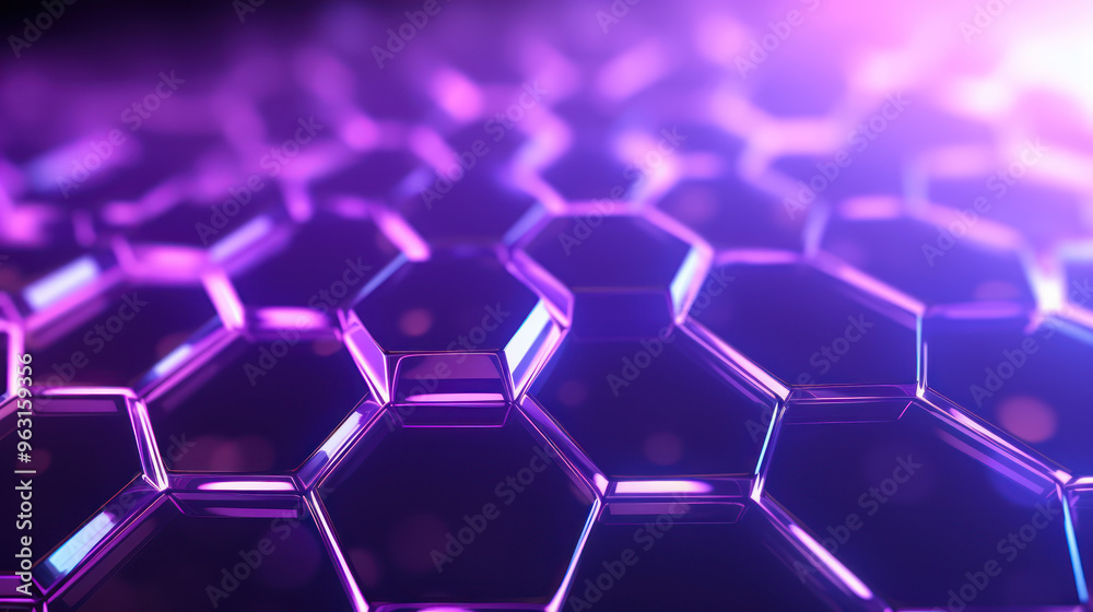 Purple hexagon background. Close-up a surface made up of hexagonal shapes, honeycomb pattern. Depth and three-dimensional. Geometric, modern, technological, structured and futuristic design. Purple hexagon background. Close-up a surface made up of hexagonal shapes, honeycomb pattern. Depth and three-dimensional. Geometric, modern, technological, structured and futuristic design.