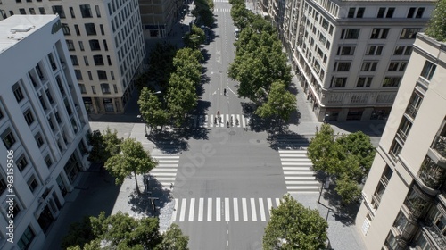 The aerial perspective showcases a vacant pedestrian crossing at an intersection in a city, highlighting the stark white stripes against the asphalt and surrounding greenery