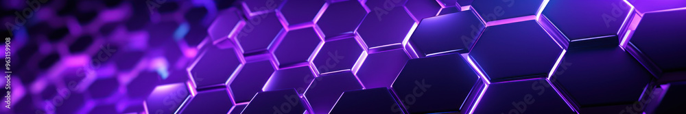 Purple hexagon background. Close-up a surface made up of hexagonal shapes, honeycomb pattern. Depth and three-dimensional. Geometric, modern, technological, structured and futuristic design. Purple hexagon background. Close-up a surface made up of hexagonal shapes, honeycomb pattern. Depth and three-dimensional. Geometric, modern, technological, structured and futuristic design.