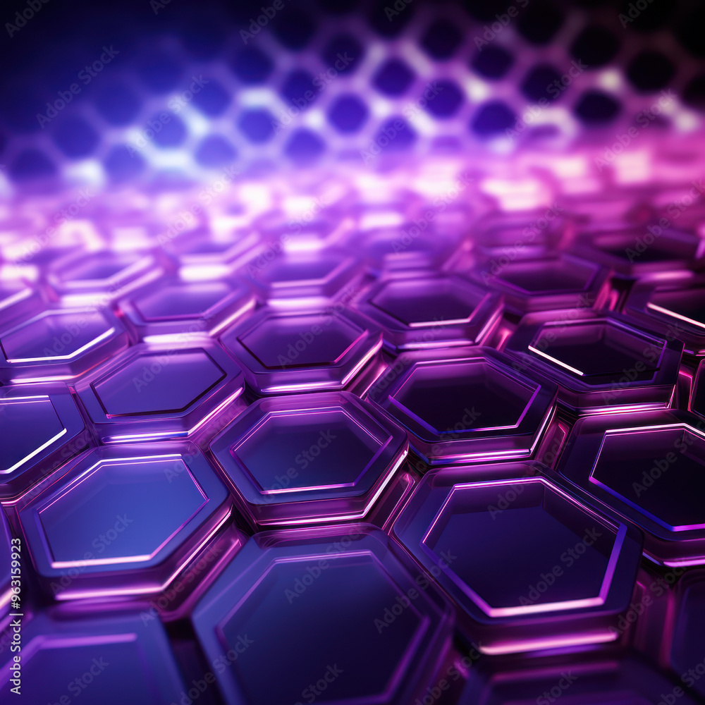 Purple hexagon background. Close-up a surface made up of hexagonal shapes, honeycomb pattern. Depth and three-dimensional. Geometric, modern, technological, structured and futuristic design. Purple hexagon background. Close-up a surface made up of hexagonal shapes, honeycomb pattern. Depth and three-dimensional. Geometric, modern, technological, structured and futuristic design.