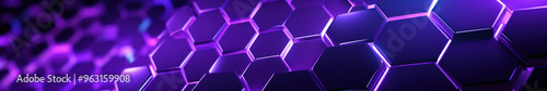 Purple hexagon background. Close-up a surface made up of hexagonal shapes, honeycomb pattern. Depth and three-dimensional. Geometric, modern, technological, structured and futuristic design.