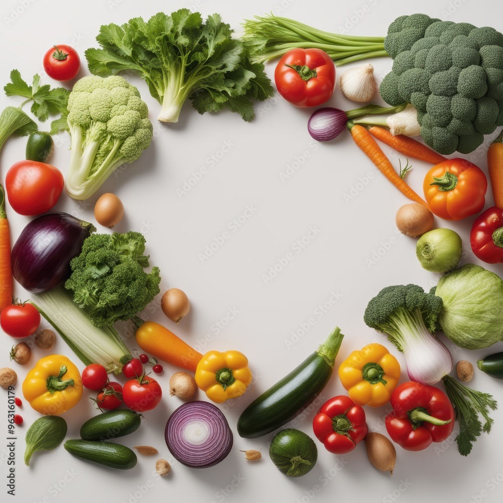 Fresh vegetables arranged in a circular pattern with diverse types of produce forming concentric circles. Fresh vegetables arranged in a circular pattern with diverse types of produce forming concentric circles.