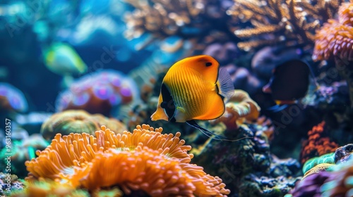 Foxface Fish Glides Elegantly Through Vibrant Coral Reef in Mesmerizing Saltwater Aquarium. Concept Saltwater Aquarium, Foxface Fish, Vibrant Coral Reef, Elegance, Underwater Photography  photo