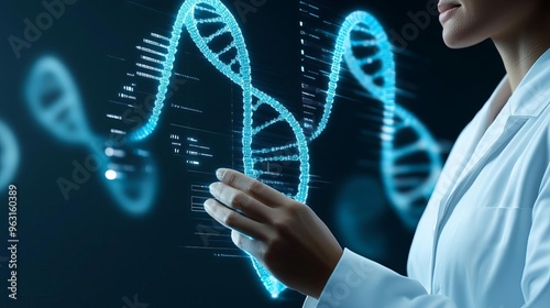 Geneticist visualizing synthetic DNA, digital interface, synthetic biology