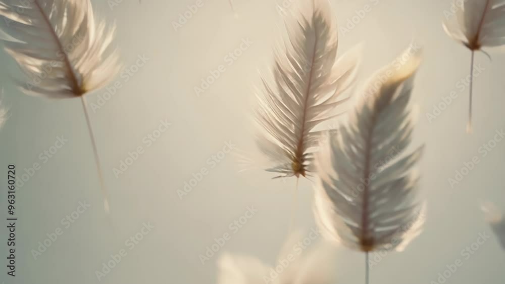 Soft, light feathers floating in the air against a gentle, neutral background.