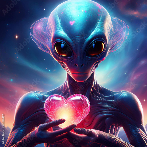 Alien with Glowing Heart and Galactic Background