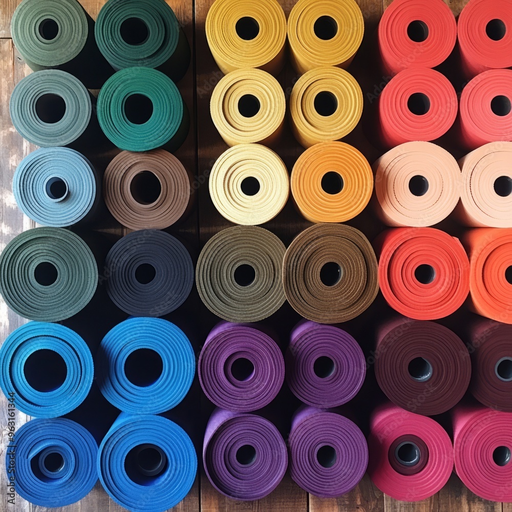 Yoga Mats Collection: Overhead View on Wooden Floor - Editorial Photography Yoga Mats Collection: Overhead View on Wooden Floor - Editorial Photography