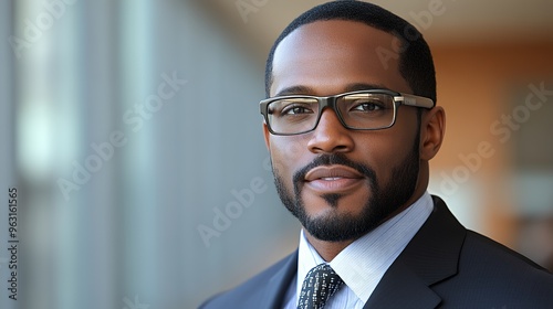 Portrait of a confident businessman in a suit and tie, wearing glasses, looking directly at the camera.