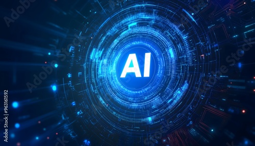 artificial intelligence with glowing blue lights surrounding the text 