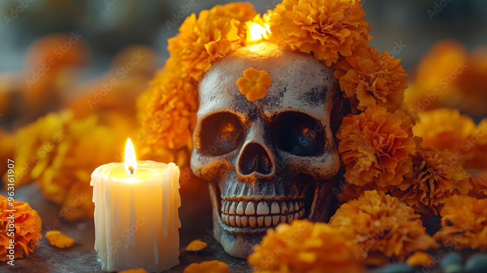 Skull with Candle and Flowers
A cute skull with a lit candle on its head, surrounded by traditional marigold flowers and glowing soft light, creating a warm and peaceful feel. Skull with Candle and Flowers
A cute skull with a lit candle on its head, surrounded by traditional marigold flowers and glowing soft light, creating a warm and peaceful feel.