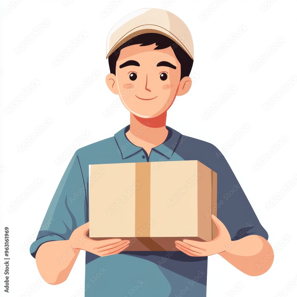 Minimalist Delivery Driver Illustration Holding Package on White Background Minimalist Delivery Driver Illustration Holding Package on White Background