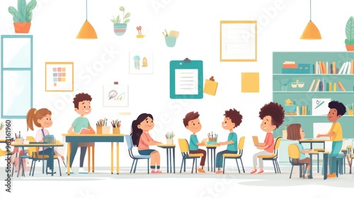 Vector illustration of cheerful school children in a bright classroom with white walls and blue paintings. Kids study, read, play together at desks. Perfect for back to school, learning or education