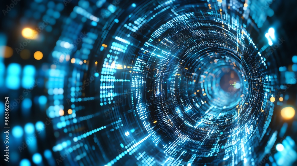 Obraz premium Abstract digital tunnel with glowing blue lights and data lines representing technology, innovation, and the future of digital communication.