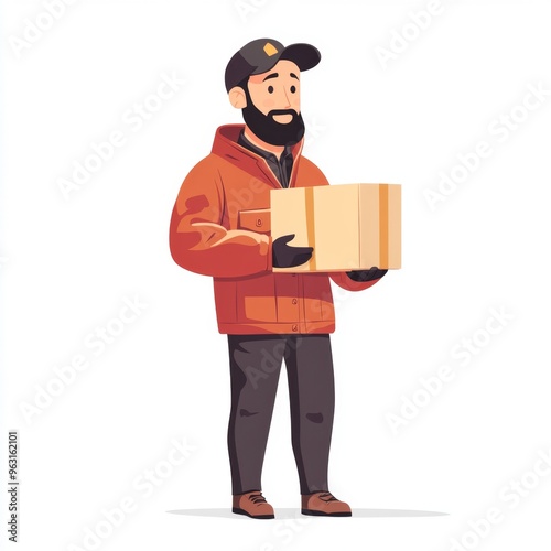 Minimalist Flat Illustration of Delivery Driver Holding Package on White Background