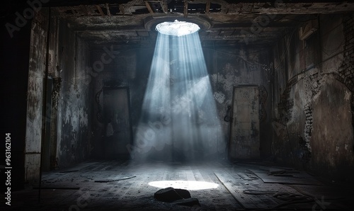 A single spotlight illuminates a dark, abandoned room with debris on the floor.  The light creates a dramatic, mysterious effect.