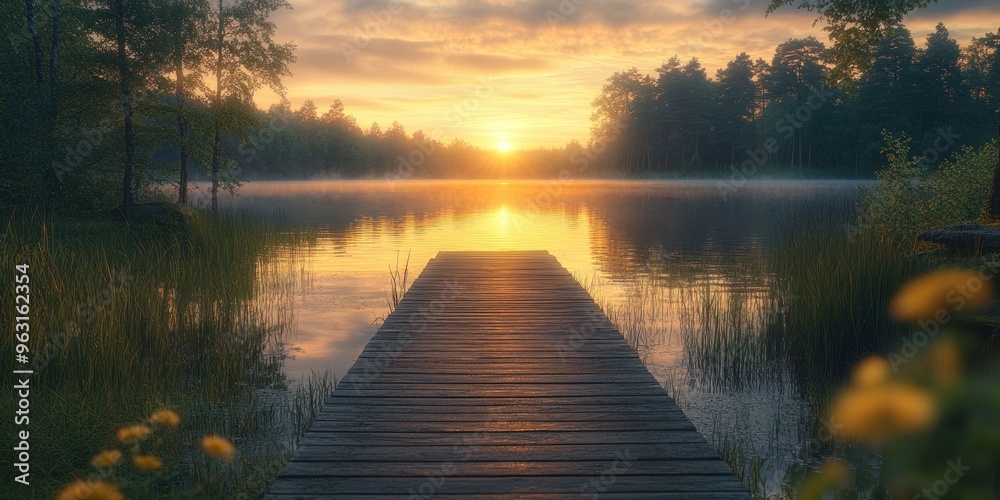 Fototapeta premium Wooden Dock Extending into a Calm Lake at Sunset