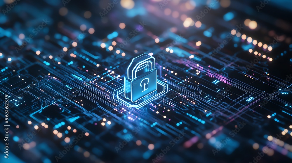 Fototapeta premium Digital data security concept with a glowing padlock icon on a circuit board background, representing cybersecurity and data protection.