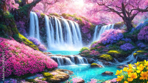 Waterfalls and flowers, beautiful landscape, magical and idyllic background with many flowers in Eden.