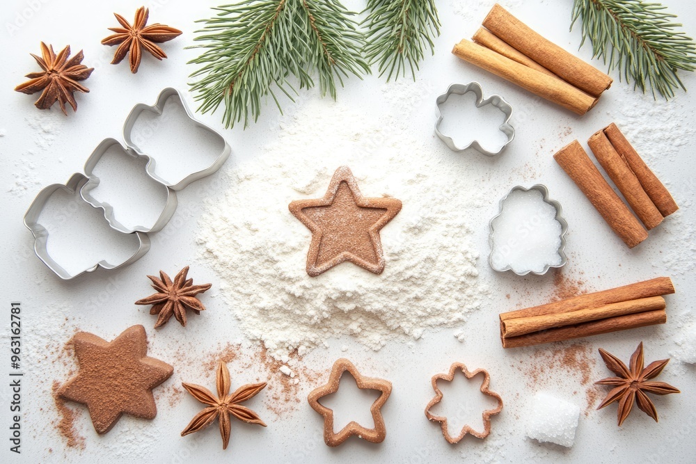 Flat lay of holiday baking ingredients flour, sugar, cinnamon sticks, and cookie cutters Flat lay of holiday baking ingredients flour, sugar, cinnamon sticks, and cookie cutters