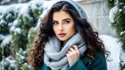 Woman with Long Dark Wavy Hair in Gray Scarf and Green Coat, Snow-Covered Trees in Winter Scene