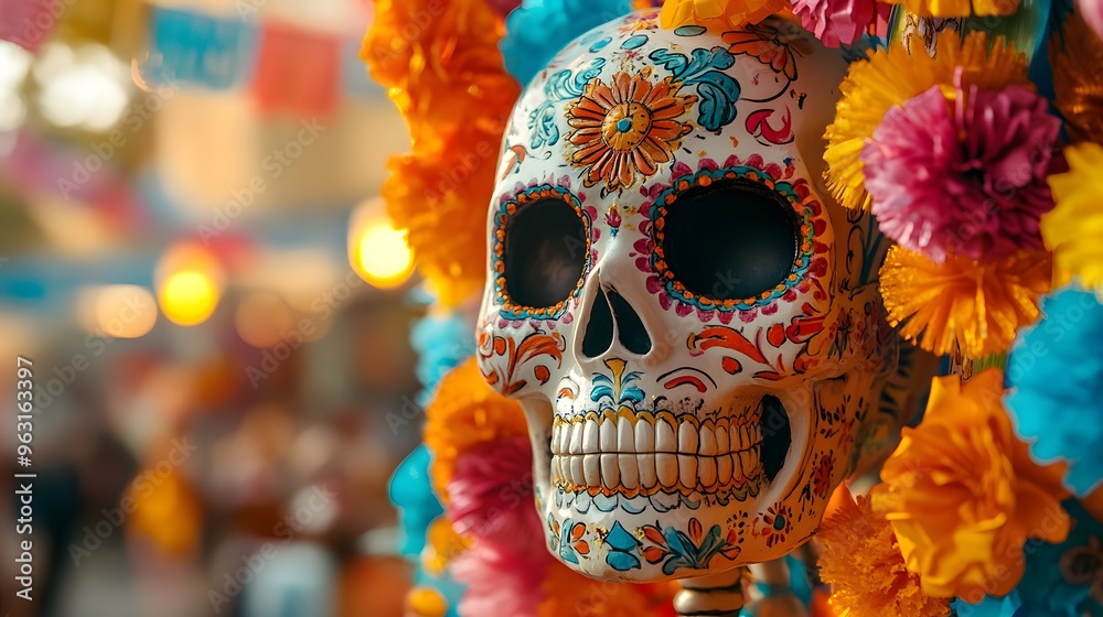 Sugar Skull with Colorful Garland
A sugar skull with intricate designs, framed by a string of colorful paper garlands, with a bright and cheerful background. Sugar Skull with Colorful Garland
A sugar skull with intricate designs, framed by a string of colorful paper garlands, with a bright and cheerful background.