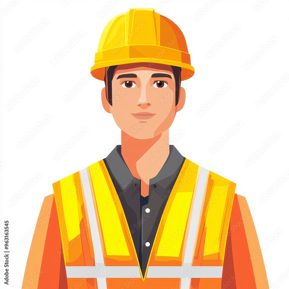Minimalistic Flat Design of Construction Worker with Yellow Hard Hat and Reflective Vest on White Background Minimalistic Flat Design of Construction Worker with Yellow Hard Hat and Reflective Vest on White Background