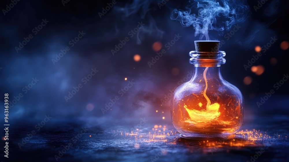 Mystical potion glowing in a glass bottle with steam rising from its surface. Mystical potion glowing in a glass bottle with steam rising from its surface.