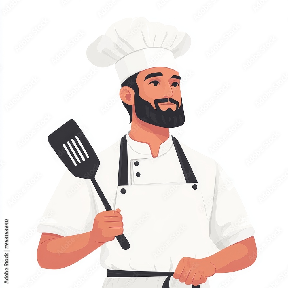 Minimalist Flat Illustration of Chef in White Apron and Hat Holding Spatula on White Background Minimalist Flat Illustration of Chef in White Apron and Hat Holding Spatula on White Background