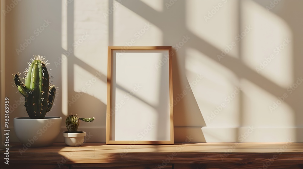 Minimalist living room featuring a small cactus on a wooden coffee table with an empty white photo frame leaning against the wall and natural light streaming in through a nearby window Minimalist living room featuring a small cactus on a wooden coffee table with an empty white photo frame leaning against the wall and natural light streaming in through a nearby window