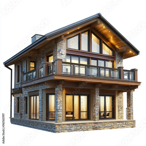 Photorealistic 3D Render of a Contemporary Rustic Duplex on White Background