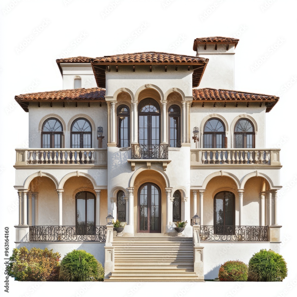 Mediterranean Revival Mansion: Photorealistic 3D Render on White Background Mediterranean Revival Mansion: Photorealistic 3D Render on White Background