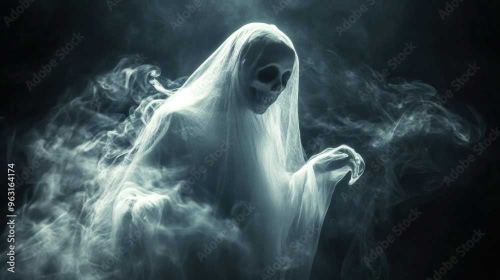 A ghostly figure in white glowing with an eerie light among smoke on a dark background. Halloween holiday concept A ghostly figure in white glowing with an eerie light among smoke on a dark background. Halloween holiday concept