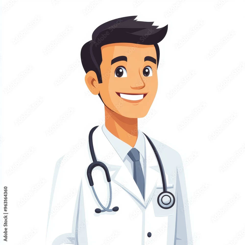 Smiling Doctor in White Coat and Stethoscope, Flat Design on White Background Smiling Doctor in White Coat and Stethoscope, Flat Design on White Background