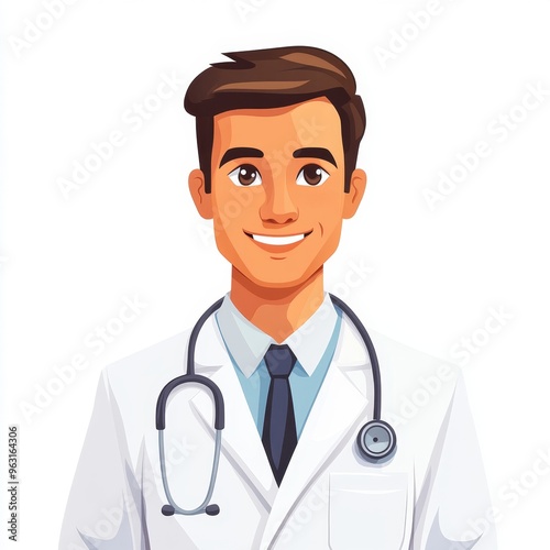 Minimalist Flat Design of a Smiling Doctor with Stethoscope on White Background