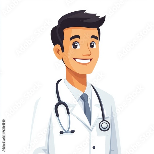 Smiling Doctor in White Coat and Stethoscope, Flat Design on White Background