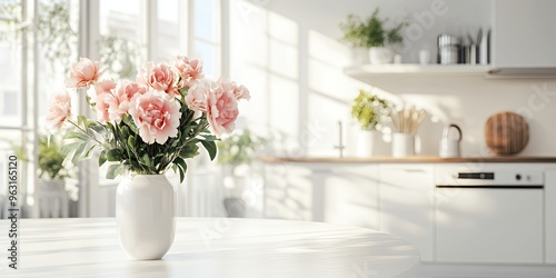 A vase of pink flowers sits on a white table in a bright kitchen with a blurred background.