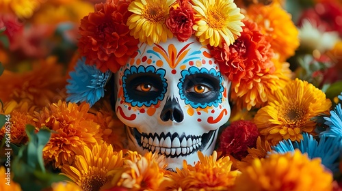 Skull with Festive Face Paint A cute skull with playful face paint in bright reds, yellows, and blues, smiling among vibrant flowers and symbols of celebration.