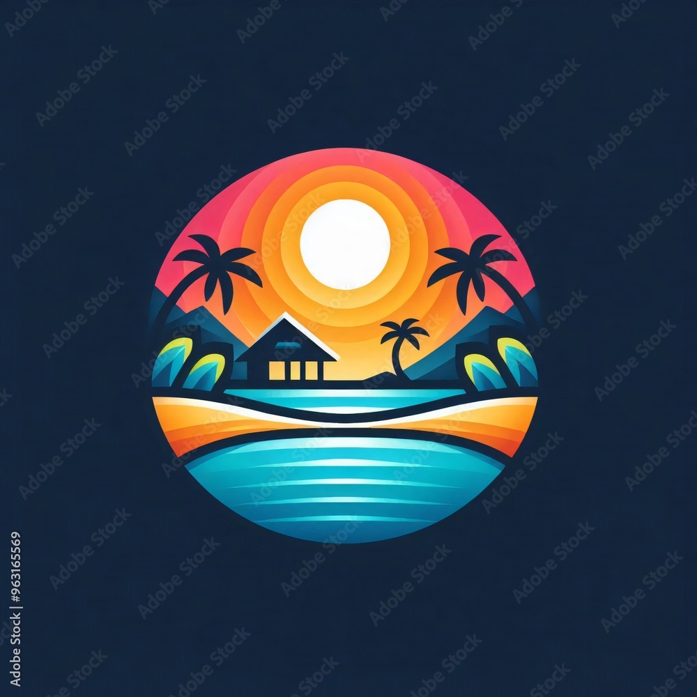 Tropical Sunset Beach House Logo Design