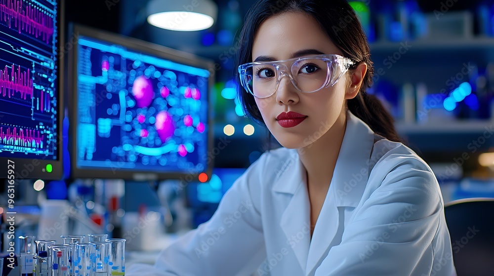A female scientist focuses in the lab, data glowing on nearby screens. A female scientist focuses in the lab, data glowing on nearby screens.
