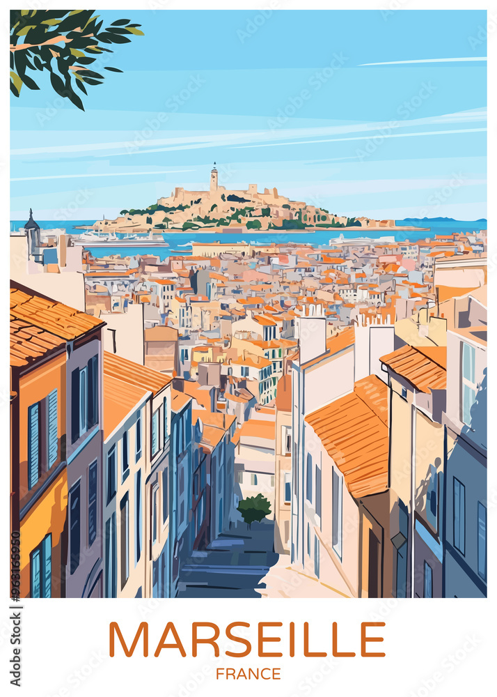 Marseille France Poster Illustration Travel Print Decor Gift Paper Canvas Wall Retro Art