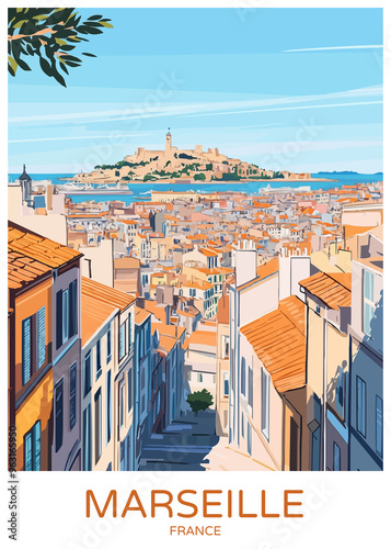 Obraz na płótnie Marseille France Poster Illustration Travel Print Decor Gift Paper Canvas Wall Retro Art w salonie